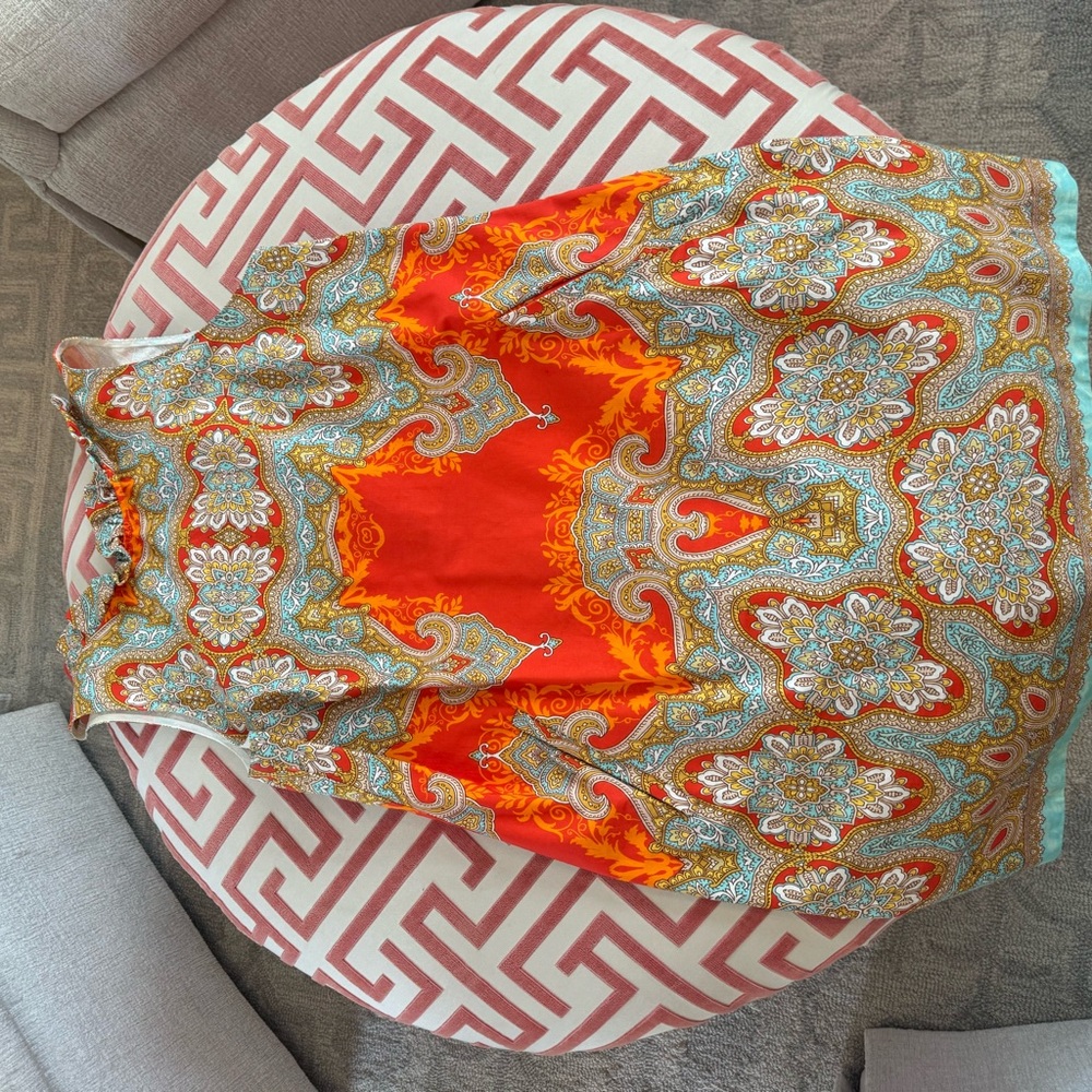 Tyler Boe Red Paisley Dress with Blue and Orange Accents